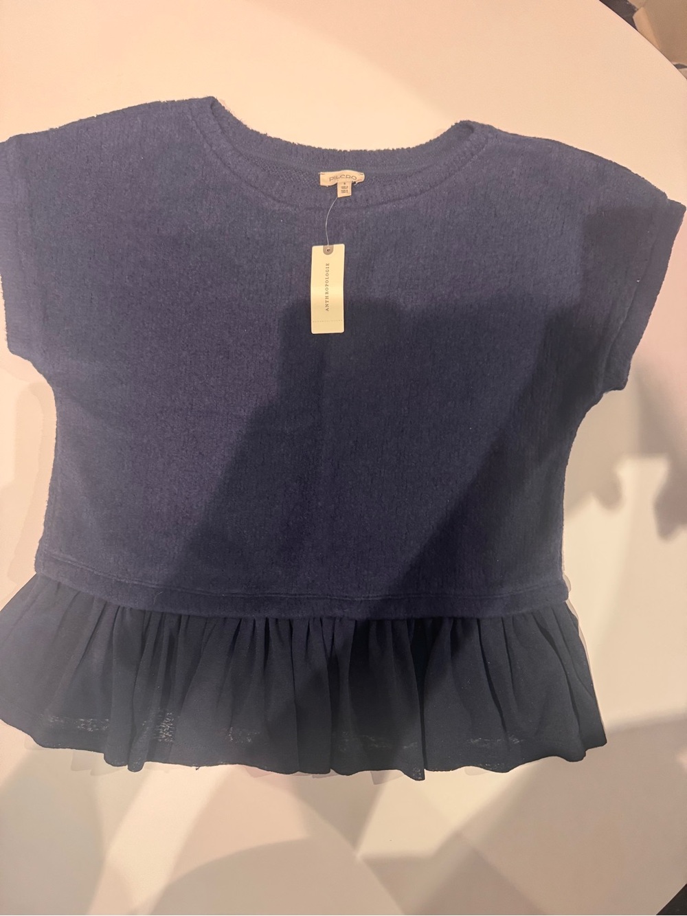 Pilcro Navy Short Sleeve Top with Peplum Ruffle
